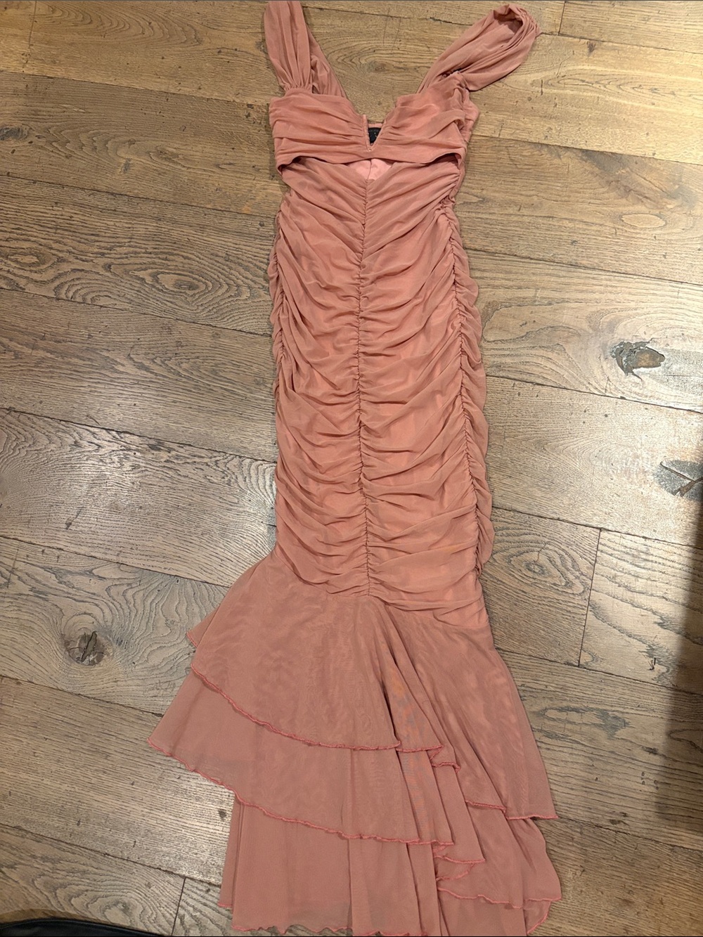 Michael Costello Coral Pink Ruched Mermaid Maxi Dress
